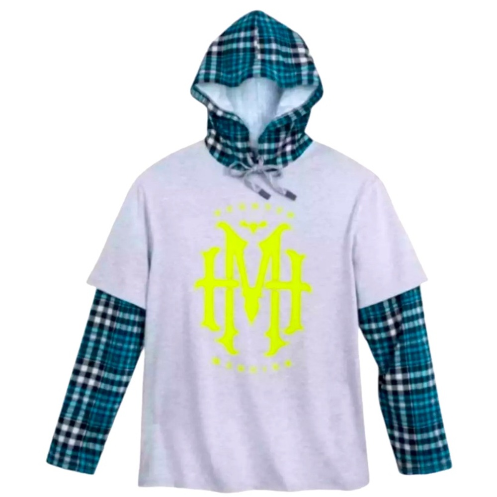 Disney Parks The Haunted Mansion Hoodie Long Sleeve Gray Blue Plaid Flannel NWT - Picture 1 of 7